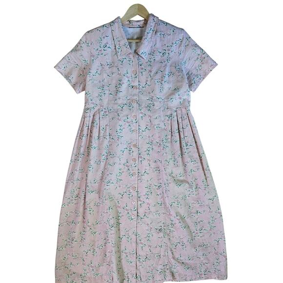 Vintage 90s Bryn Connelly Pink Floral Button-Up Dress 10P Romantic Boho Cottage - Picture 1 of 12
